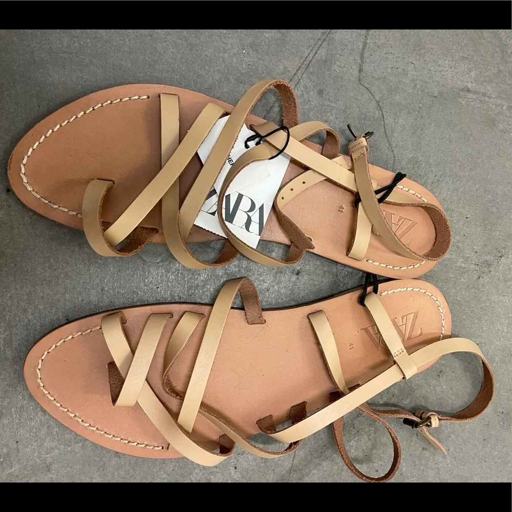 🤍 Zara Vachetta LEATHER FLAT SANDALS WITH STRAPS 6624/001 - Picture 3 of 9